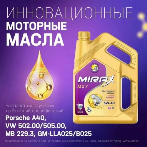 Моторное масло Mirax MX7 5w40 4 литра, синтетическое